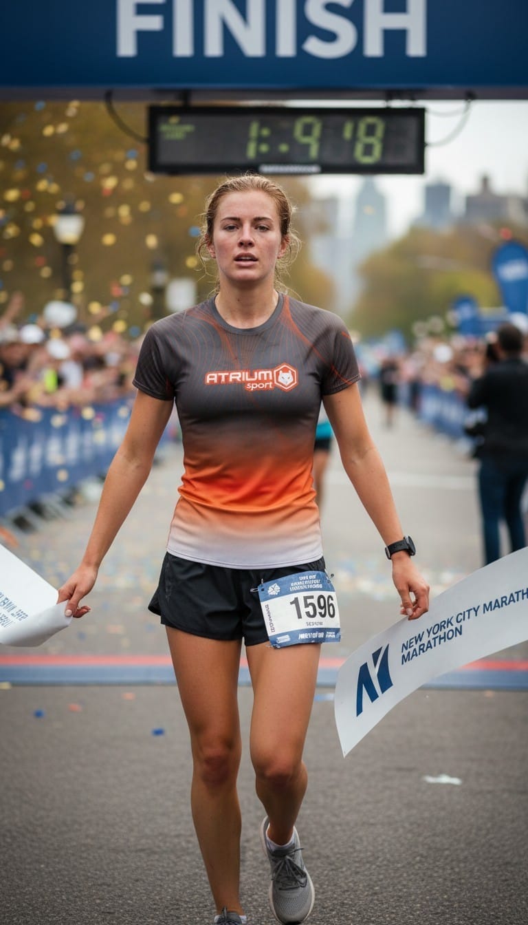 Corredora con la camiseta oficial Atrium Running cruzando la meta